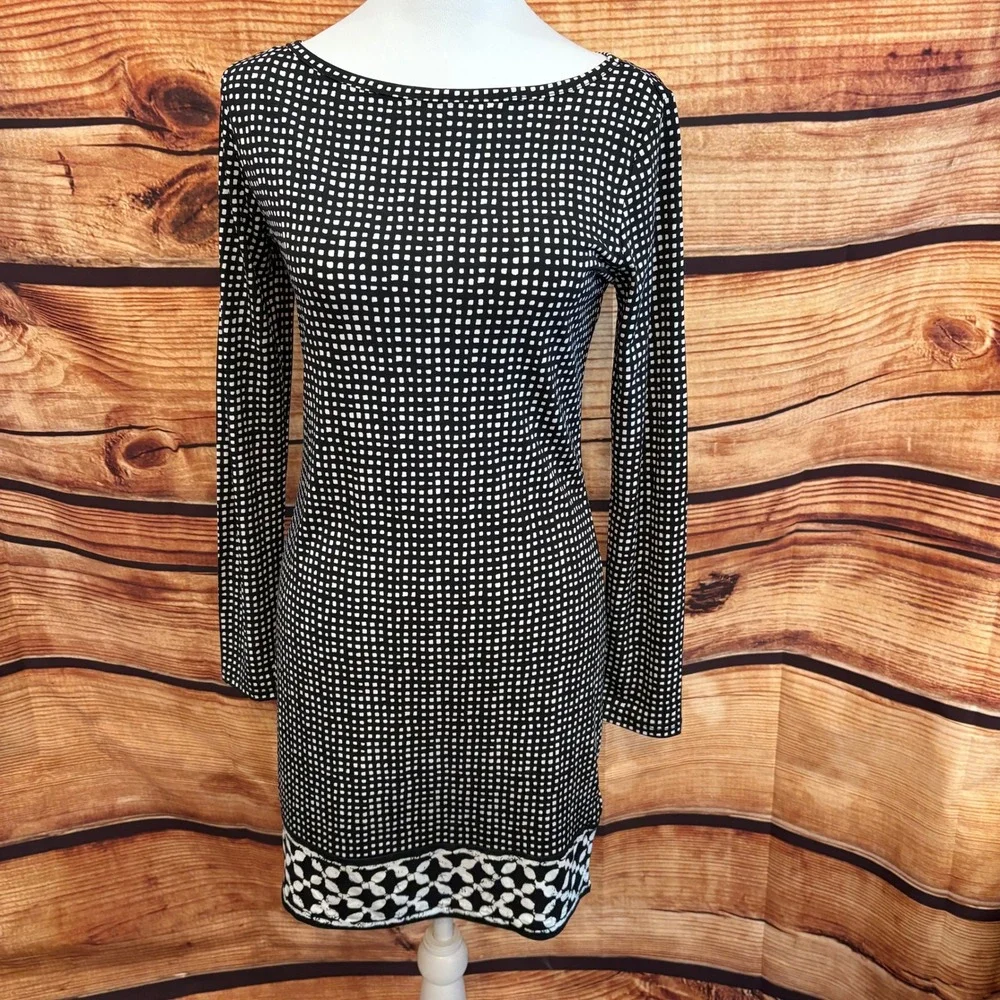 Michael Kors Black White Geometric‎ Print Maxi Long Sleeve Bodycon Dress Sz XS